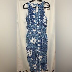 LOFT Blue and White Paisley Patterned Wide Leg Jumpsuit NWT Size Small
